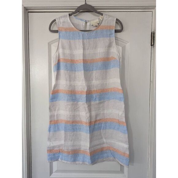 Cynthia Rowley Linen Tank‎ Dress women's size 8 blue coral striped shift - Picture 1 of 6